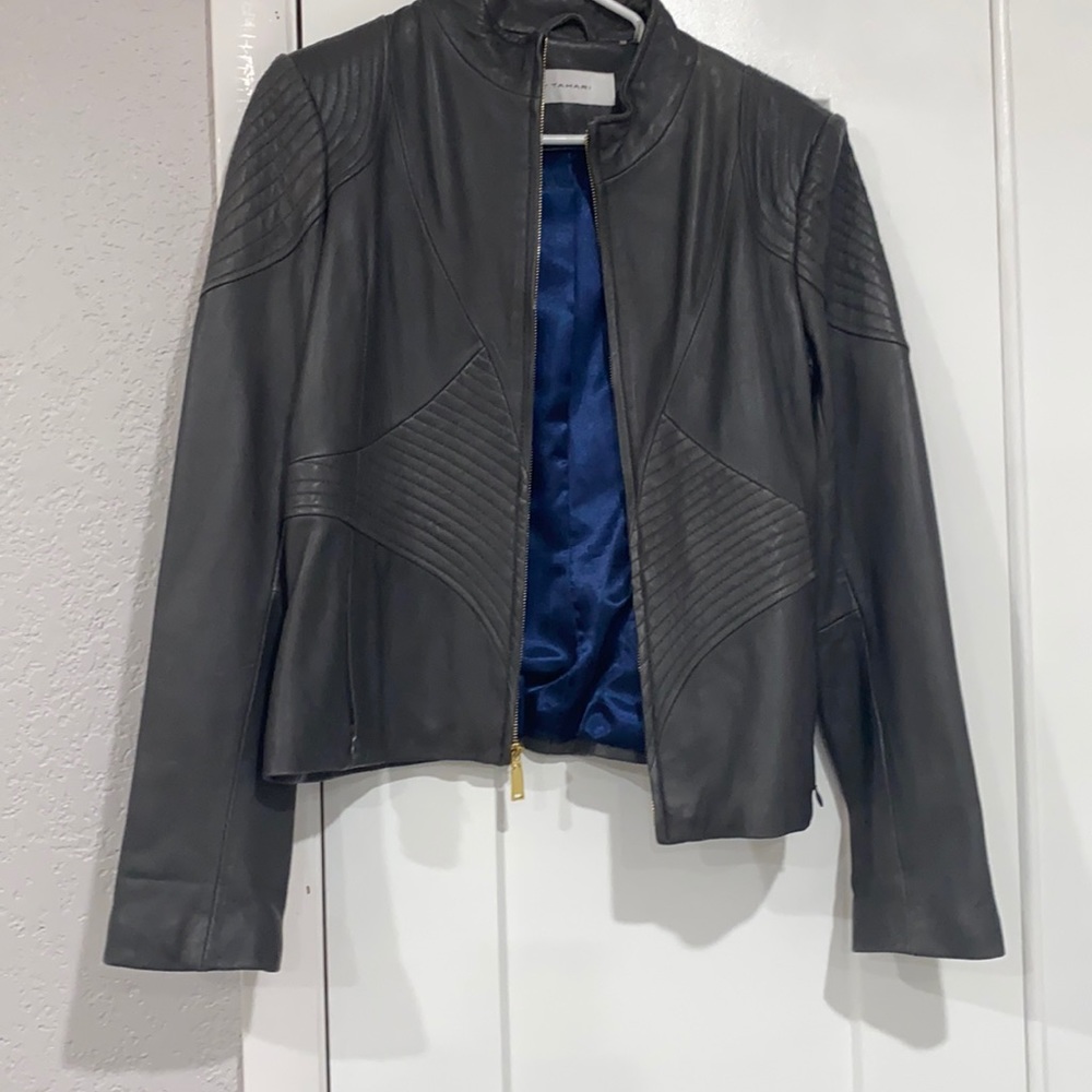 T Tahari Grey Leather Jacket